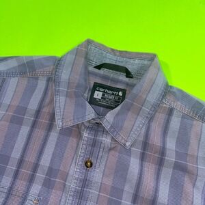 Carhartt Rugged Flex Mens Large Blue Purple Plaid Relaxed Fit Short Sleeve Shirt